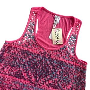 Ransom Women XL Pink Gray Sunkist Crochet Front Racerback Hi-Lo Hem Tank Top Y2K